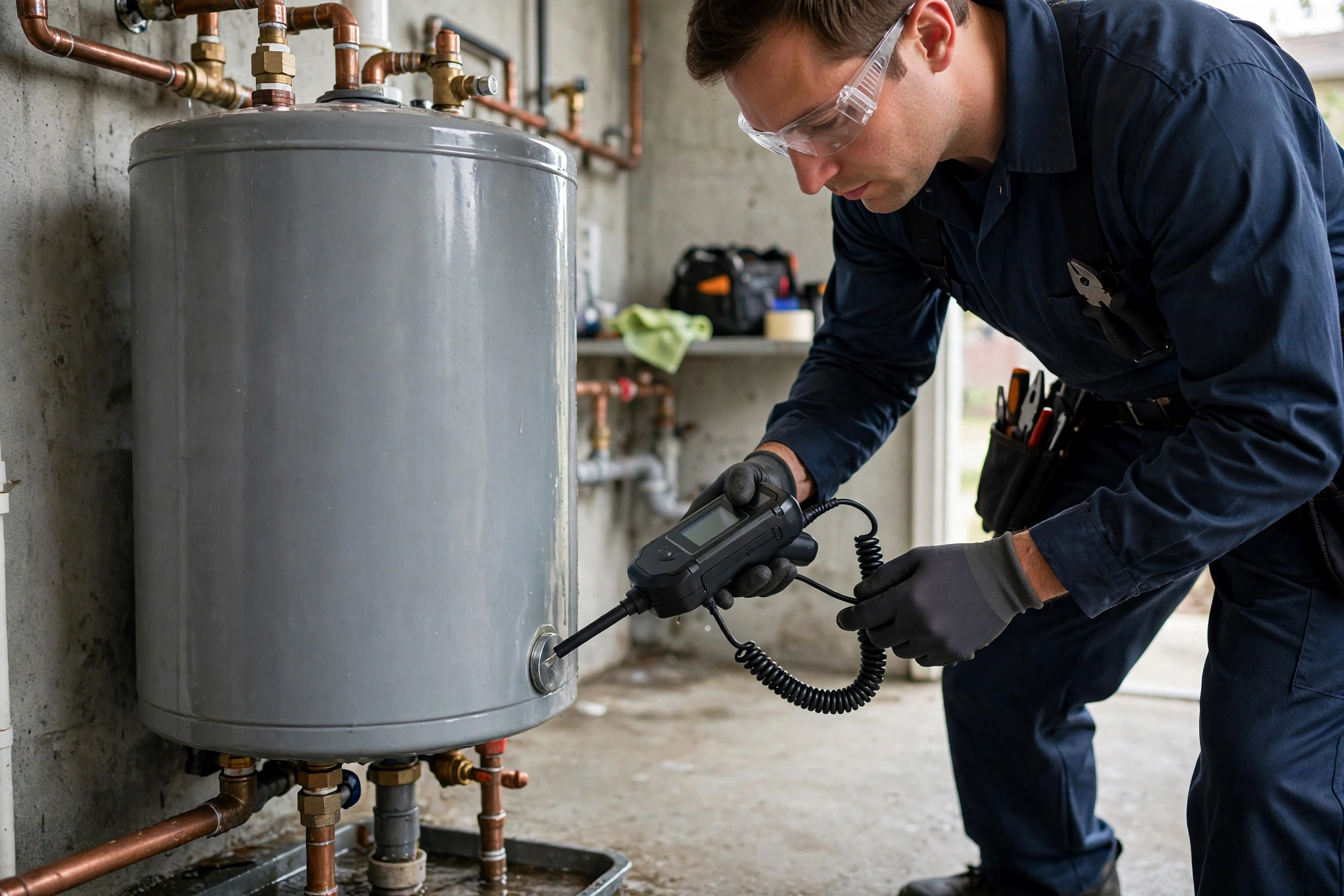 Technician using leak detection equipment