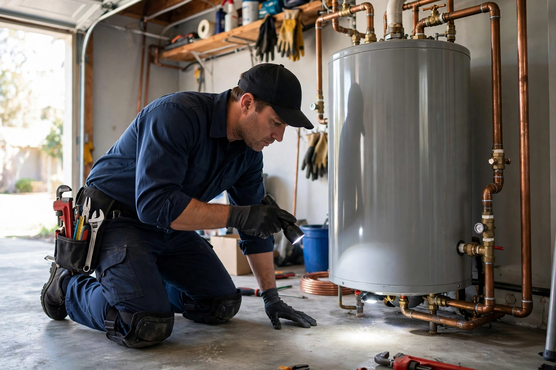 Technician servicing a gas water heater control valve